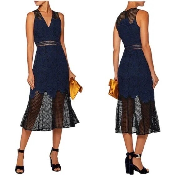 Jonathan Simkhai Fluted-Hem Sleeveless Corded Lace Midi Dress Black Blue Size 6 - Picture 1 of 10